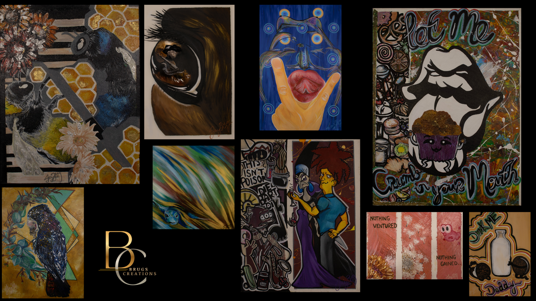 Collage of original paintings and art prints by Brugs Creations showcasing vibrant, playful, and expressive contemporary artworks.